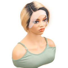 TT Hair Short Straight Pixie Cut Wigs 13x4x1 L Part Transparent Lace Wig Dark Roots 1B27 Human Hair Wigs