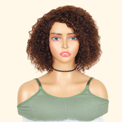TT Hair Side Part Short Curly Wigs Highlight Brown Machine Made Glueless Human Hair Wigs for Beginners