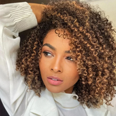 TT Hair Side Part Short Curly Wigs Highlight Brown Machine Made Glueless Human Hair Wigs for Beginners