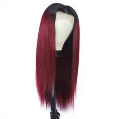 TT Hair Brazilian Straight Hair Dark Roots T1B/99J Ombre Bone Straight 13x4 Lace Front Human Hair Wigs