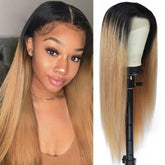 TT Hair Ombre Honey Blonde Color Wigs Dark Roots T1B/27 Straight Hair Transparent 13x4 Lace Front Human Hair Wigs
