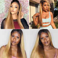 TT Hair Ombre Honey Blonde Color Wigs Dark Roots T1B/27 Straight Hair Transparent 13x4 Lace Front Human Hair Wigs