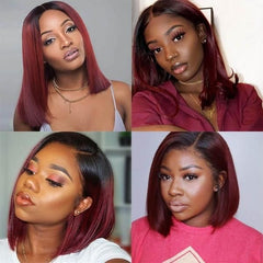 TT Hair Ombre Burgundy Bob Wig Dark Roots T1B/99J Remy Human Hair 4x4 Pre-Cut Lace Closure Bob Wigs with Baby Hair