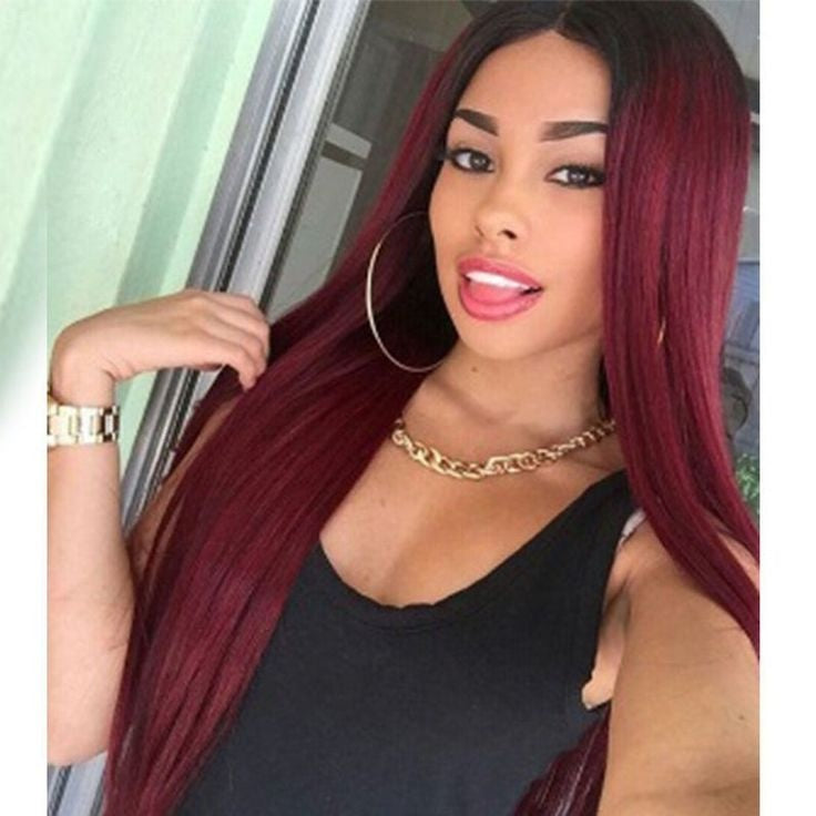 TT Hair Brazilian Straight Hair Dark Roots T1B/99J Ombre Bone Straight 13x4 Lace Front Human Hair Wigs