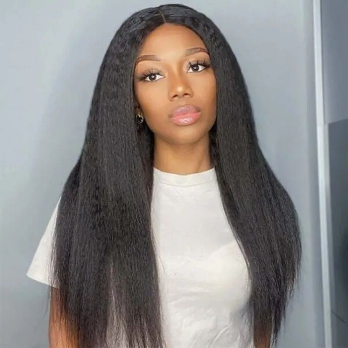 TT Hair Kinky Straight V Part Wig Natural Color Human Hair Wigs Affordable Wigs