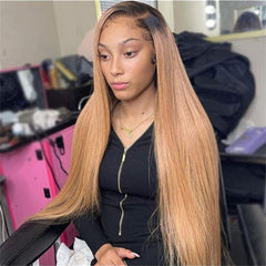 TT Hair Ombre Honey Blonde Color Wigs Dark Roots T1B/27 Straight Hair Transparent 13x4 Lace Front Human Hair Wigs