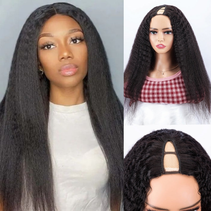 TT Hair Kinky Straight V Part Wig Natural Color Human Hair Wigs Affordable Wigs