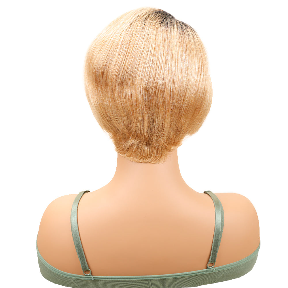 TT Hair Short Straight Pixie Cut Wigs 13x4x1 L Part Transparent Lace Wig Dark Roots 1B27 Human Hair Wigs