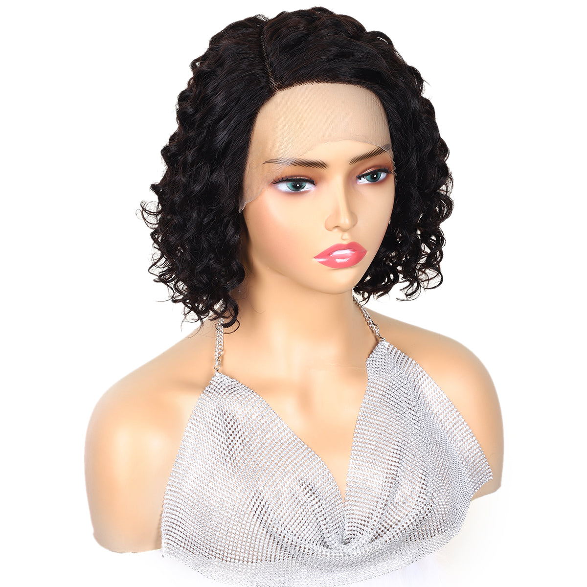 TT Hair Short Water Curly Bob Wigs Natural Black L Part 13x5x1 Lace Front Wigs for Women