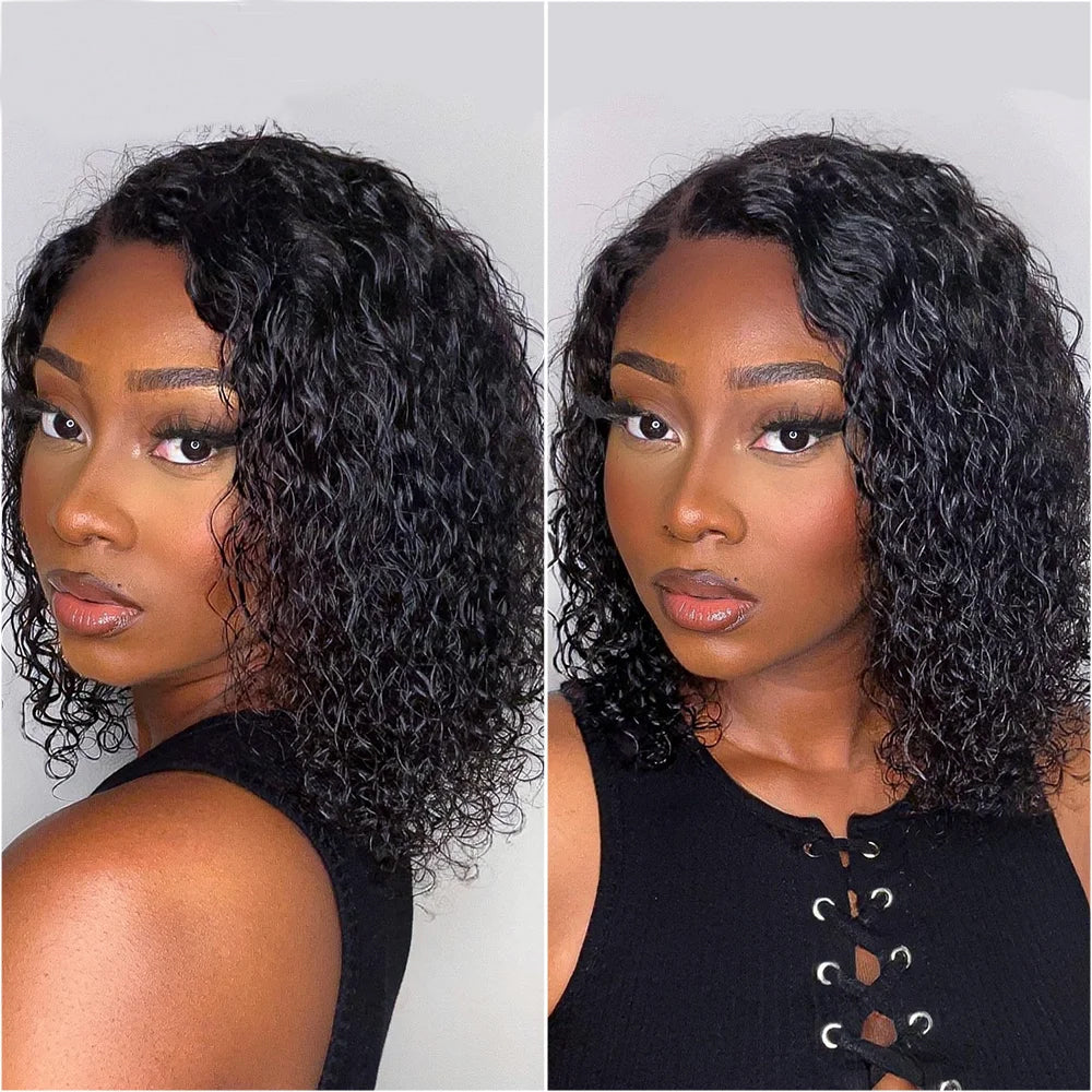 TT Hair Short Water Curly Bob Wigs Natural Black L Part 13x5x1 Lace Front Wigs for Women