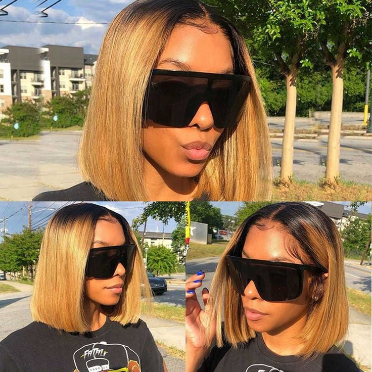 TT Hair Dark Roots Ombre Honey Blonde 13x4 Lace Human Hair Wigs T1B/27 Bob Lace Front Wigs Pre Plucked