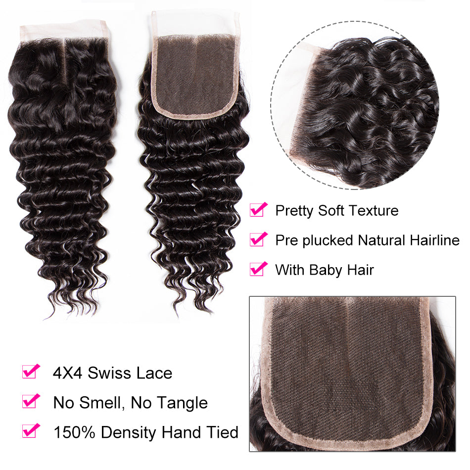 TT Hair 100% Remy Human Hair Deep Wave 4 Bundles With 4X4 Lace Closure