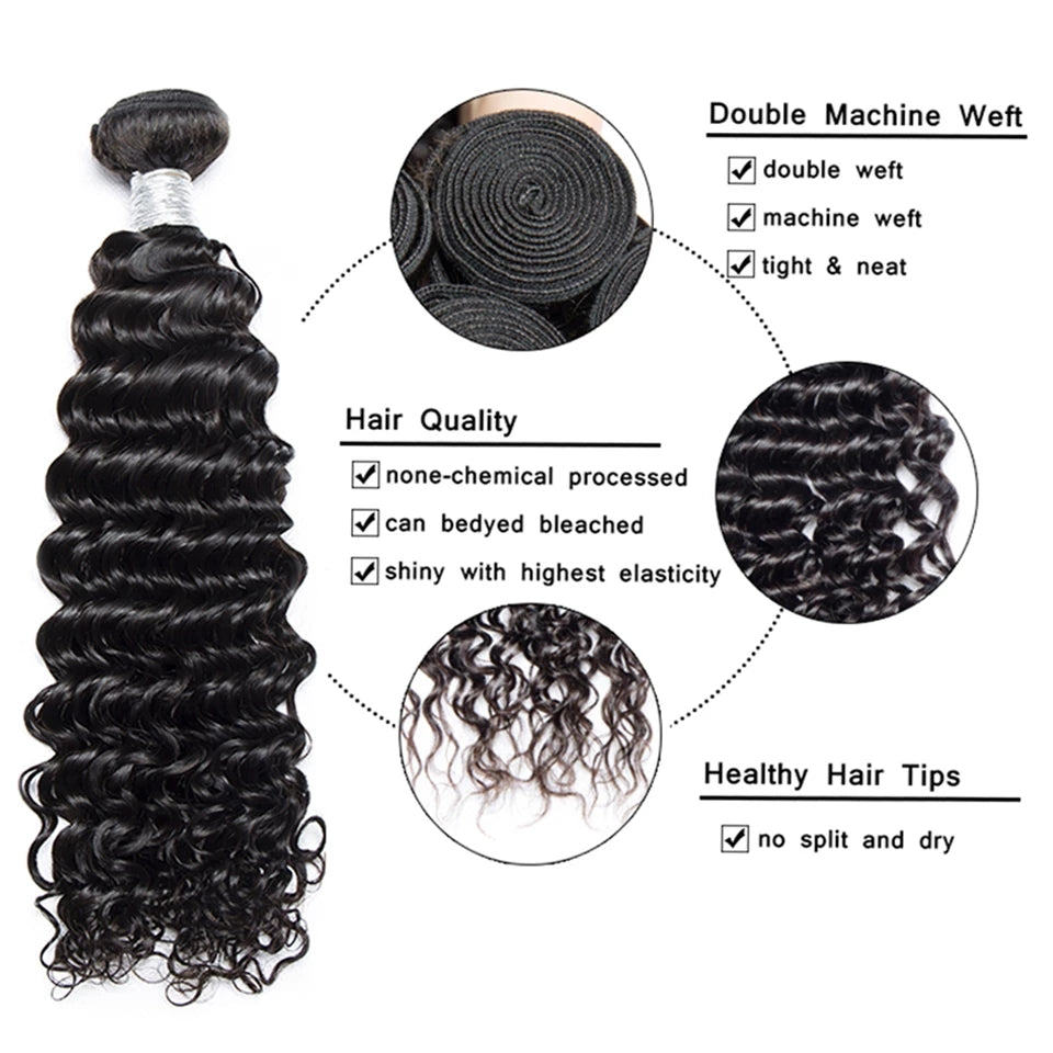 TT Hair 100% Remy Human Hair Deep Wave 4 Bundles With 4X4 Lace Closure