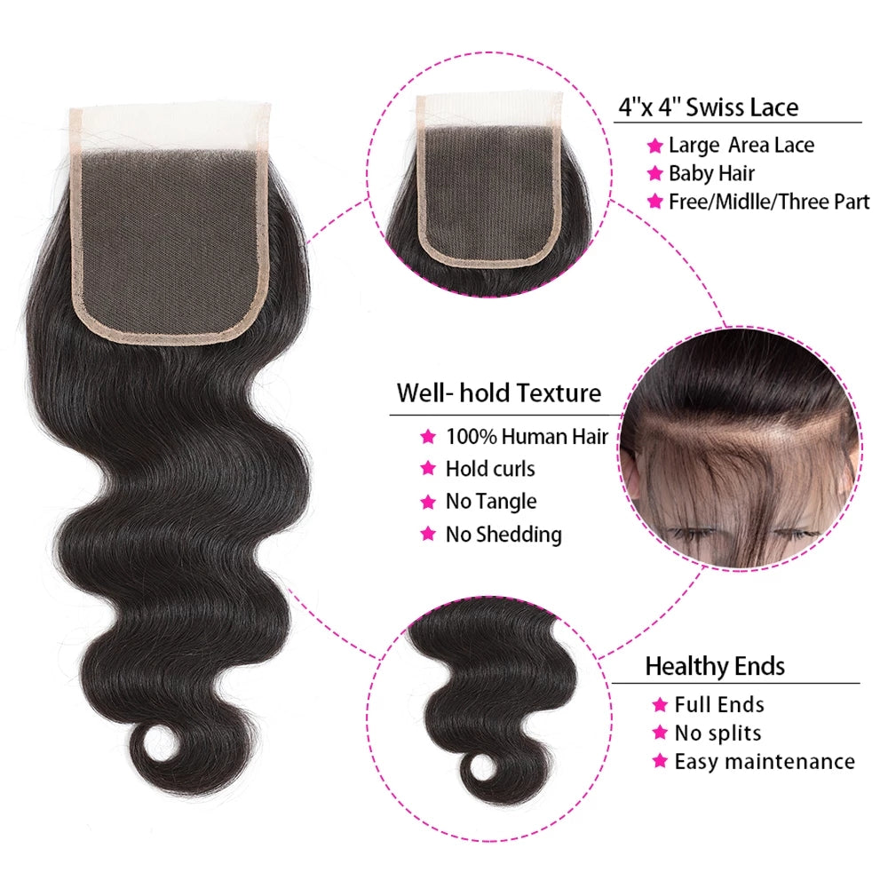 TT Hair Body Wave 4PCS Bundles With 4X4 Lace Closure Human Hair Remy Hair Bundles With Lace Closure