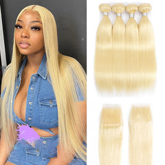 TT Hair 613 Blonde Bundles With Closure Straight Remy Human Hair 4 Bundles With 4x4 Lace Closure