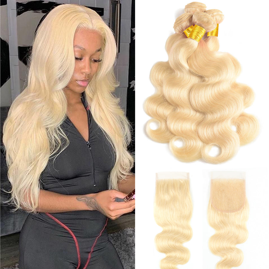 TT Hair 613 Blonde Hair Bundles With Closure Remy Hair Body Wave 4 Bundles With 4X4 Lace Closure