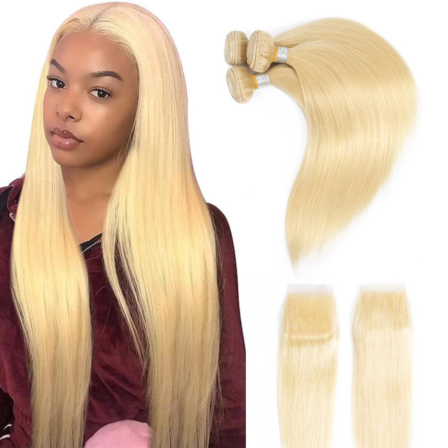 TT Hair 613 Blonde Straight Hair 3 Bundles With Lace Closure Colored Remy Human Hair Weave Bundles