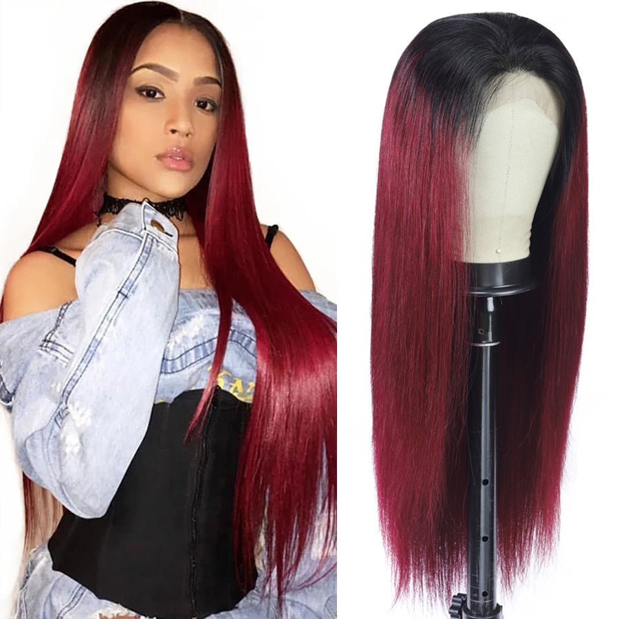 TT Hair Brazilian Straight Hair Dark Roots T1B/99J Ombre Bone Straight 13x4 Lace Front Human Hair Wigs