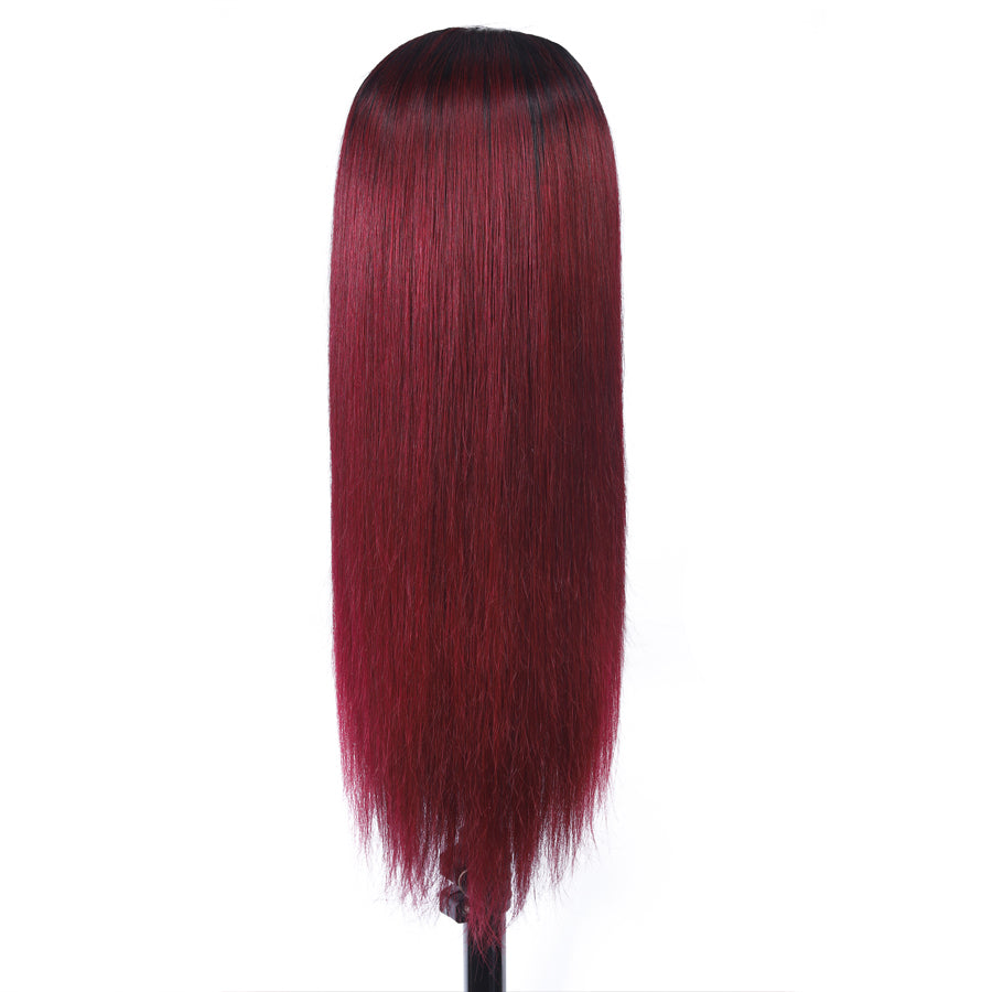 TT Hair Brazilian Straight Hair Dark Roots T1B/99J Ombre Bone Straight 13x4 Lace Front Human Hair Wigs