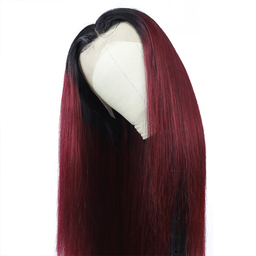 TT Hair Brazilian Straight Hair Dark Roots T1B/99J Ombre Bone Straight 13x4 Lace Front Human Hair Wigs