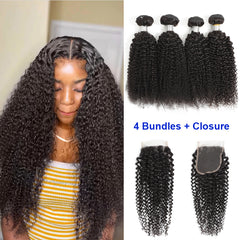 TT Hair Curly Hair Bundles with Closure Transparent Lace Kinky Curly Remy Human Hair 4 Bundles With 4x4 Lace Closure