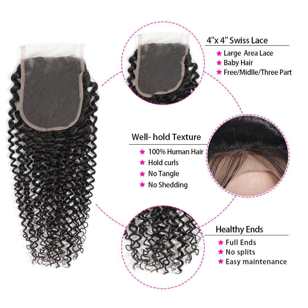 TT Hair Curly Hair Bundles with Closure Transparent Lace Kinky Curly Remy Human Hair 4 Bundles With 4x4 Lace Closure