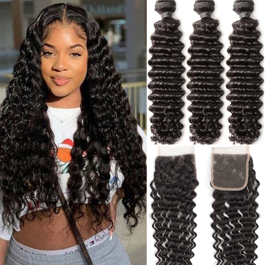 TT Hair Deep Wave Hair 3 Bundles With 4X4 Lace Closure Remy Brazilian Hair Weaves