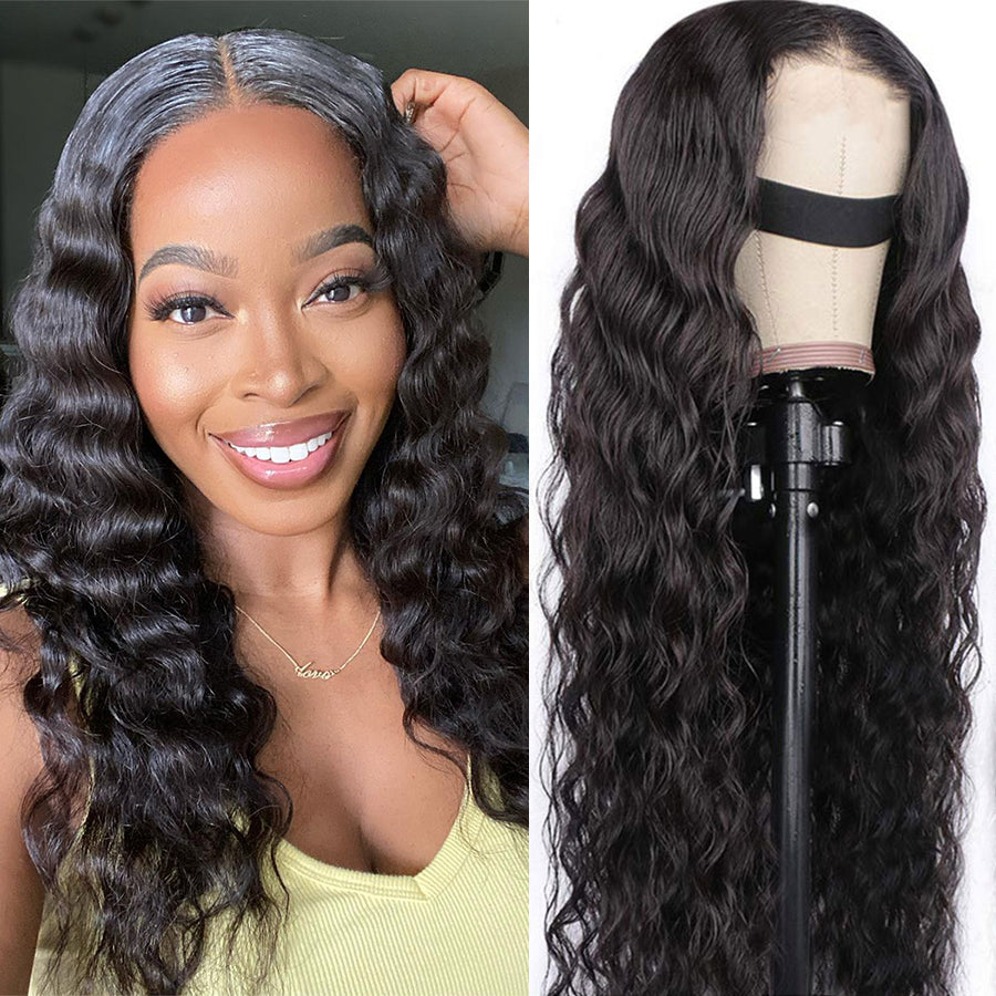 TT Hair Glueless Human Hair Wigs Loose Deep Wave 4X4 Pre-Cut Lace Closure Natural Color Wigs