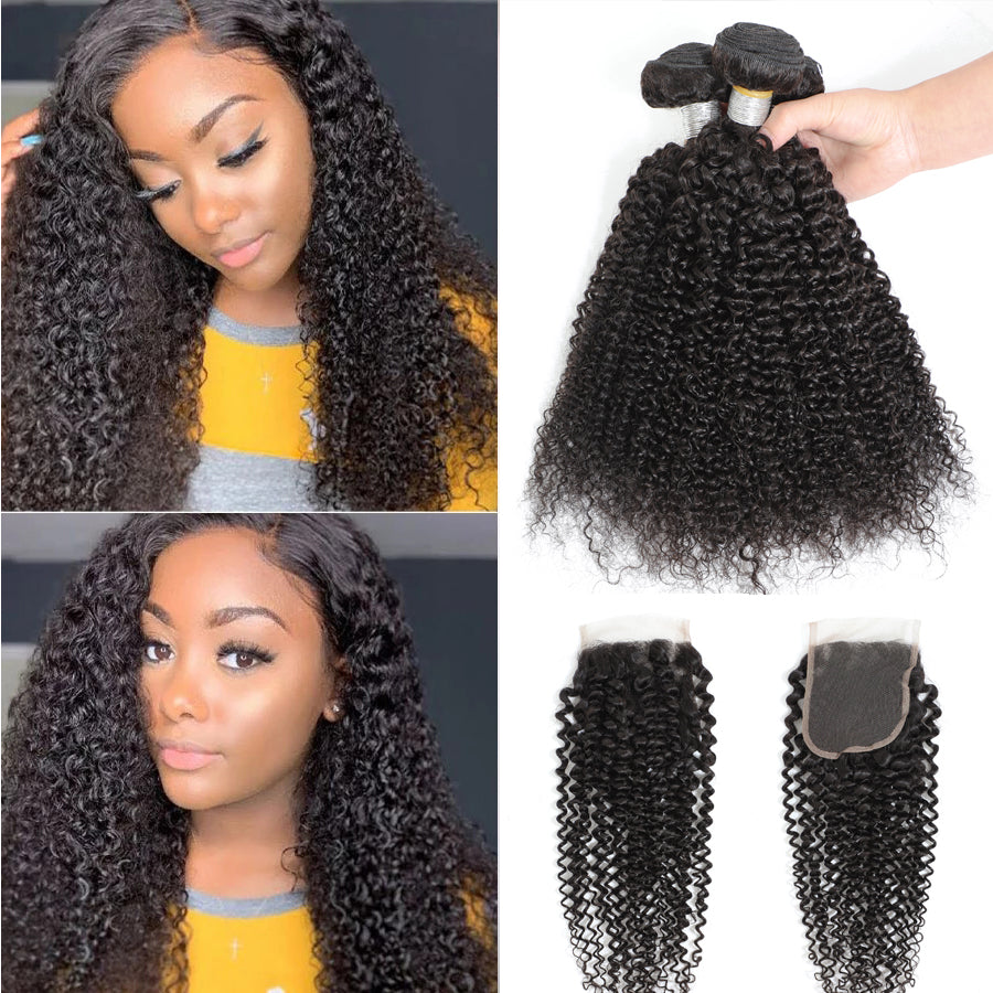 TT Hair Kinky Curly Bundles With Closure Brazilian Hair Weave 3 Bundles With 4X4 Lace Closure  Remy Hair Extension