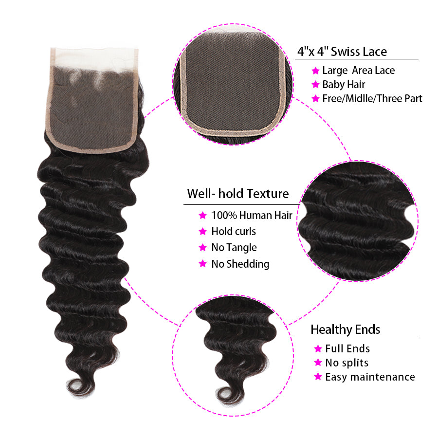 TT Hair Loose Deep Wave Hair Weaves 4 Bundles With 4X4 Lace Closure Unprocessed Human Hair