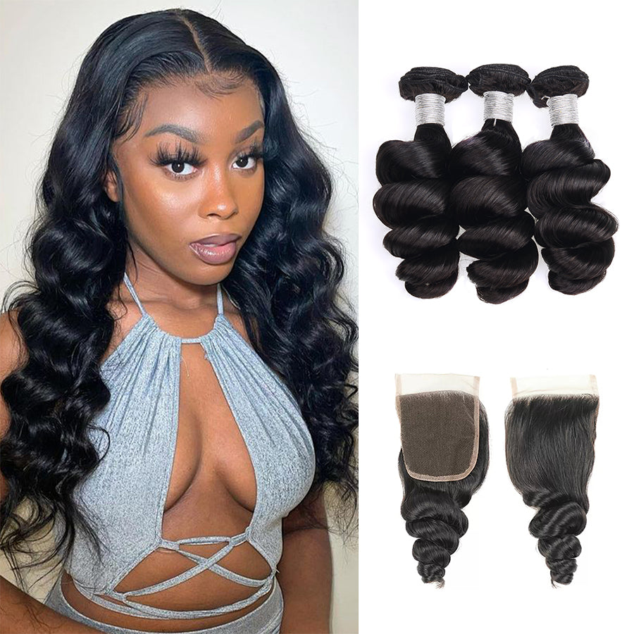 TT Hair Loose Wave Bundles With Closure Remy Human Hair 3 Bundles With Swiss Lace Closure