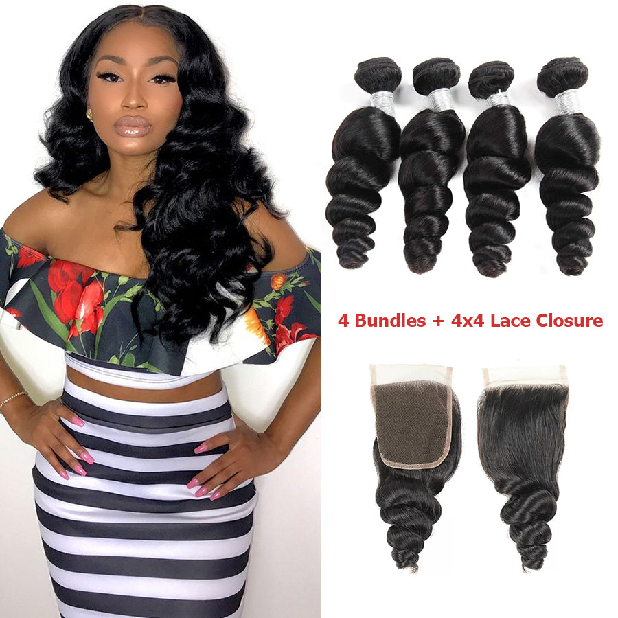 TT Hair Loose Wave Human Hair 4 Bundles With Lace Closure 4X4 Swiss Lace Closure With Baby Hair