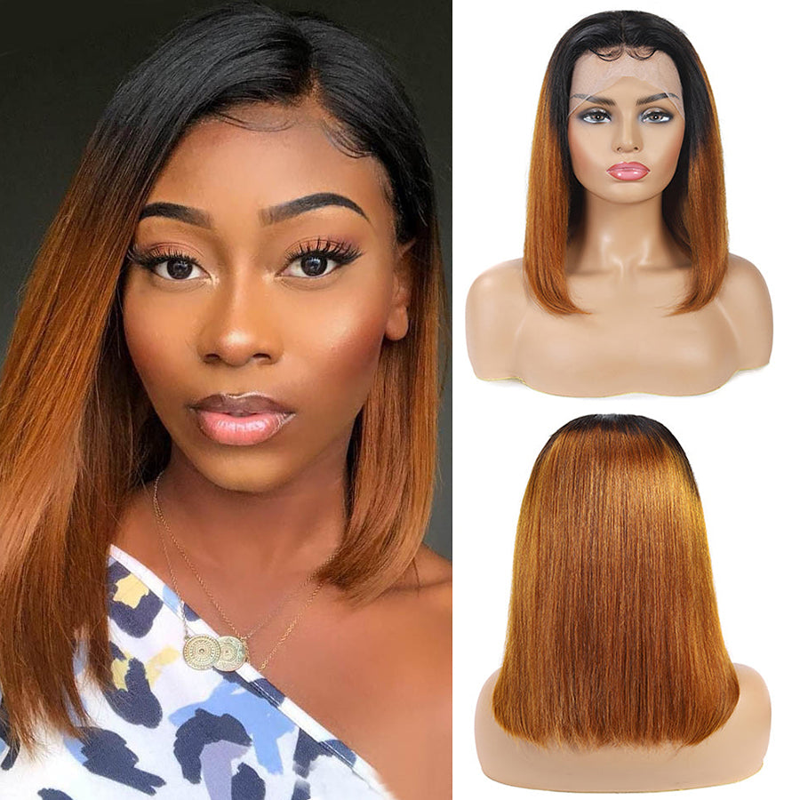 TT Hair Dark Roots Ombre Brown Bob Lace Front Wigs T1B/30 13X4 Lace Frontal Human Hair Wigs