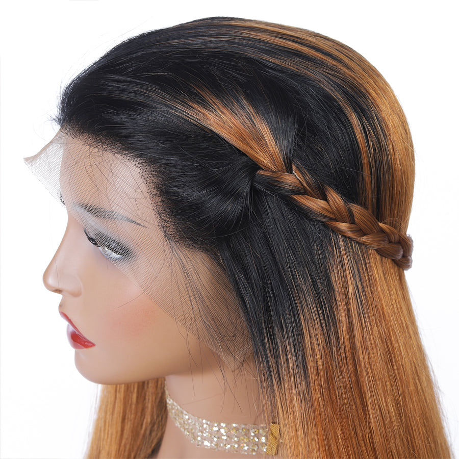 TT Hair Dark Roots Ombre Color T1B/30 Brown 13x4 Straight Human Hair Wigs Transparent Lace Front Wigs