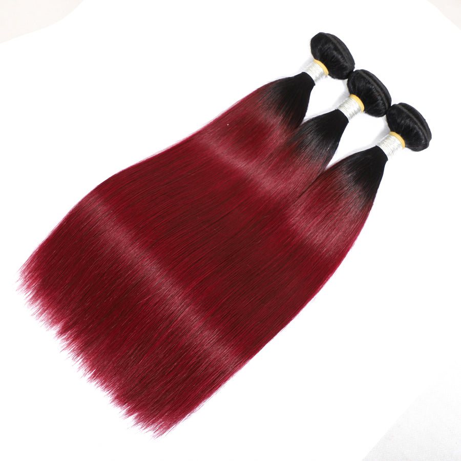 TT Hair Ombre Color Dartk Roots 1B/99J Red Burgundy Human Hair Bundles Brazilian Straight Hair 3 Bundles