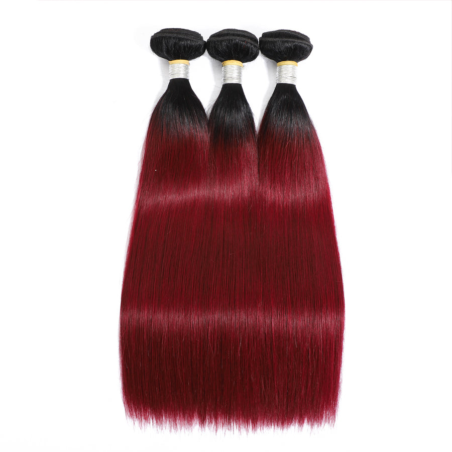 TT Hair Ombre Color Dartk Roots 1B/99J Red Burgundy Human Hair Bundles Brazilian Straight Hair 3 Bundles