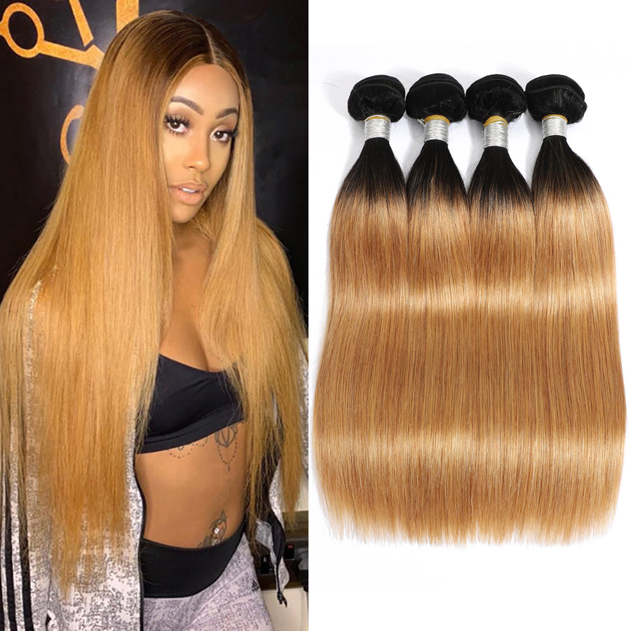 TT Hair Ombre Straight Hair Bundles Dark Roots 1B/27 Honey Blonde 4 Bundles Deal