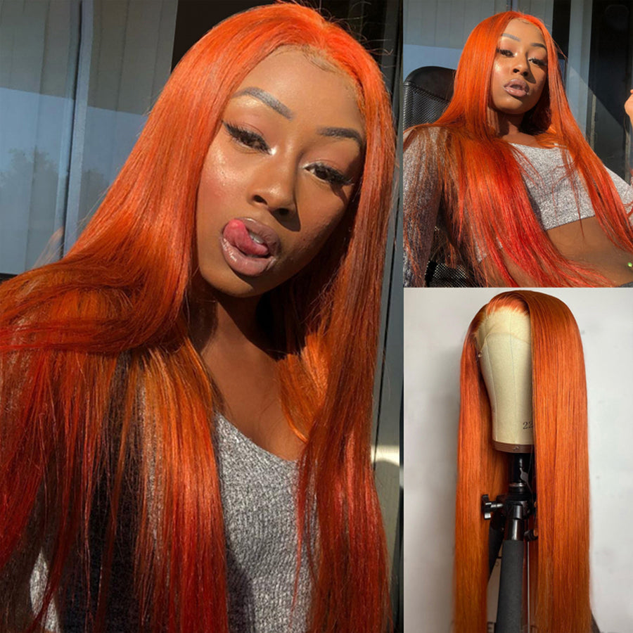 TT Hair Orange Ginger 13x4 Lace Front Wigs Straight Remy Human Hair Wig Transparent Lace Wigs