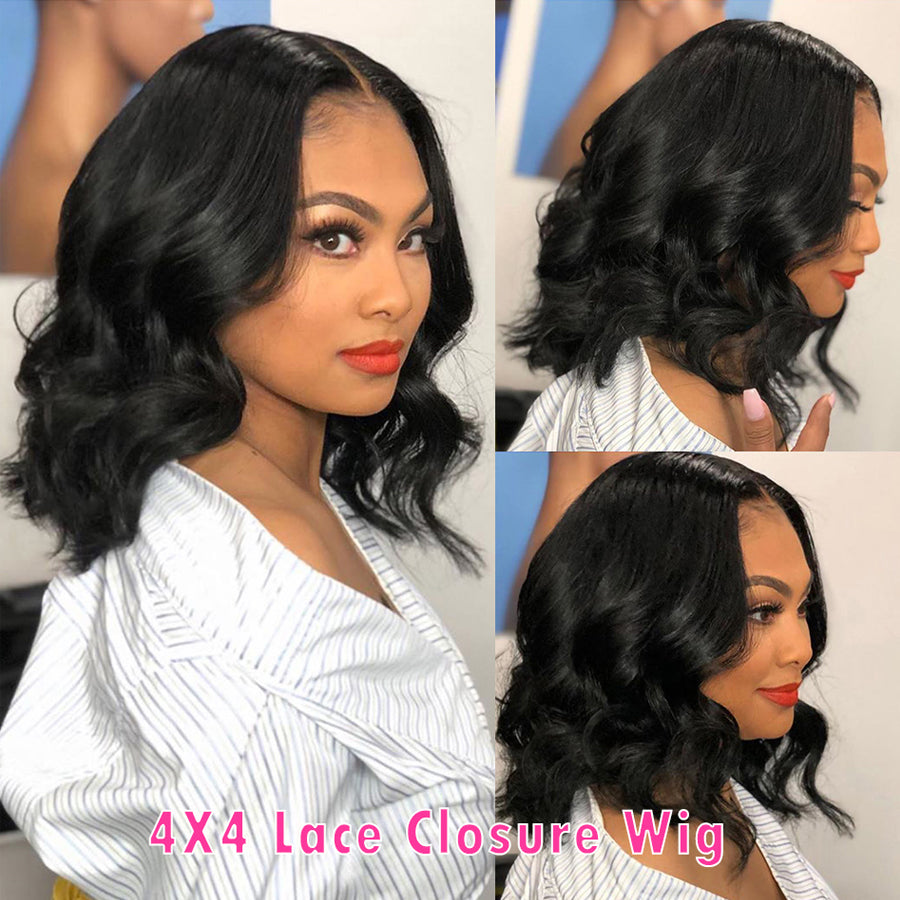TT Hair Short Gluless Bob Wig Body Wave Natural Color 4X4 Pre-Cut Closure Wigs Bob Cut Human Hair Lace Wigs For Women