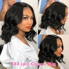 TT Hair Short Gluless Bob Wig Body Wave Natural Color 4X4 Pre-Cut Closure Wigs Bob Cut Human Hair Lace Wigs For Women