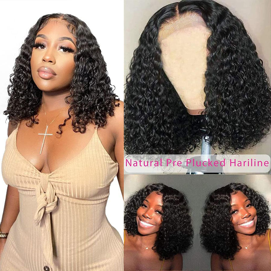 TT Hair Short Curly Glueless Bob Wigs Brazilian Virgin Human Hair 4X4  Pre-Cut Transparent Lace Closure Wigs Short Bob Wigs