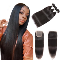 TT Hair Straight Hair 3Pcs Bundles with 4X4 Lace Closure Bone Straight Brazilian Remy Hair Bundles