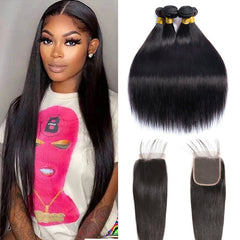 TT Hair Straight Hair 4Pcs Bundles With 4x4 Transparent Lace Closure Brazilian Hair Weave Bundles