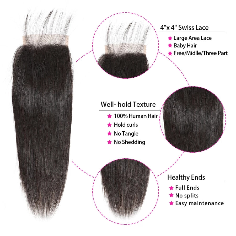 TT Hair Straight Hair 4Pcs Bundles With 4x4 Transparent Lace Closure Brazilian Hair Weave Bundles