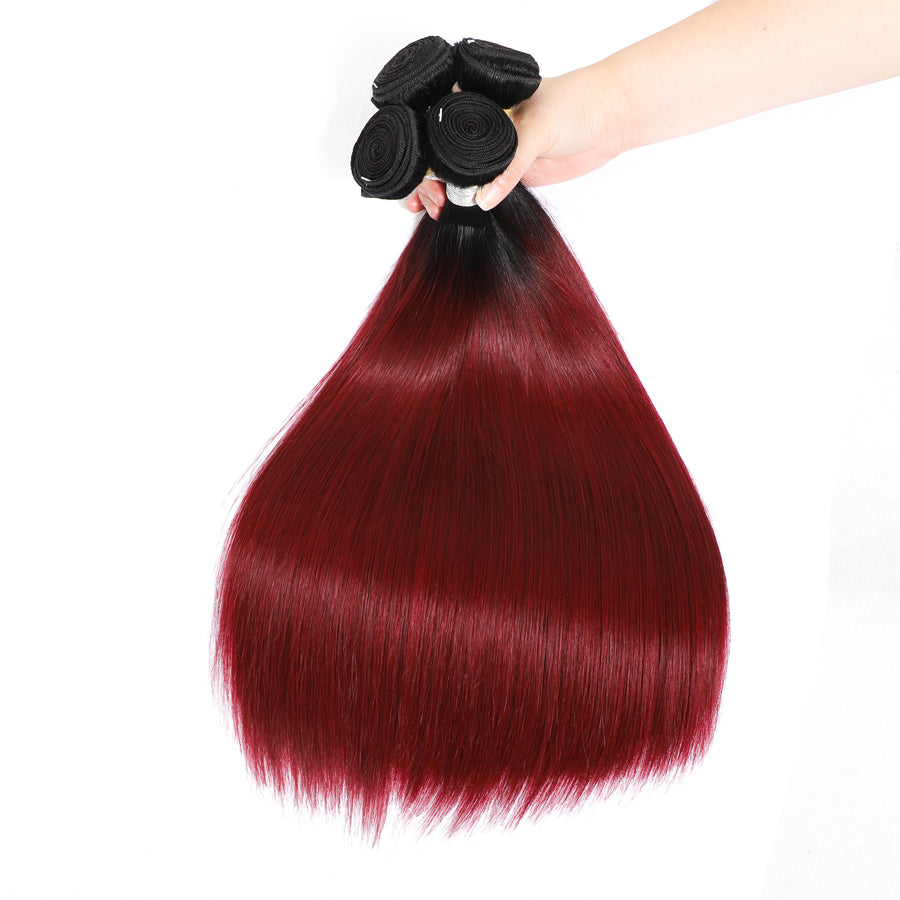 TT Hair Straight Remy Hair Dark Roots 1B/99J Human Hair Bundles Ombre Color 4 Bundles