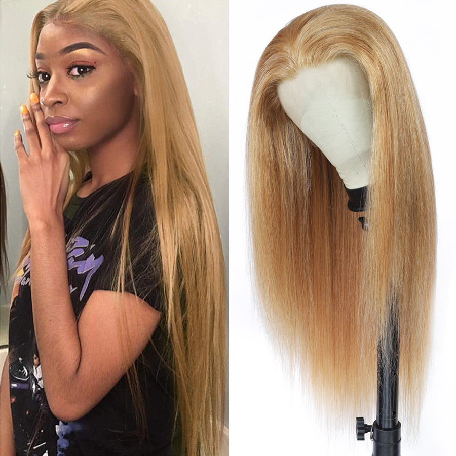 TT Hair Straight Human Hair Wigs #27 Honey Blonde Lace Front Wigs For Women Transparent 13x4 Lace Wigs