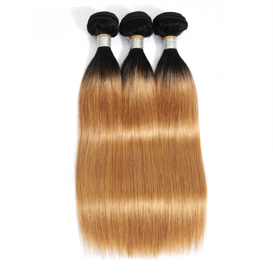 TT Hair Dark Roots 1B/27 Straight Hair Bundles 3PCS Ombre Honey Blonde Human Hair Extension Remy Hair Weave Bundles