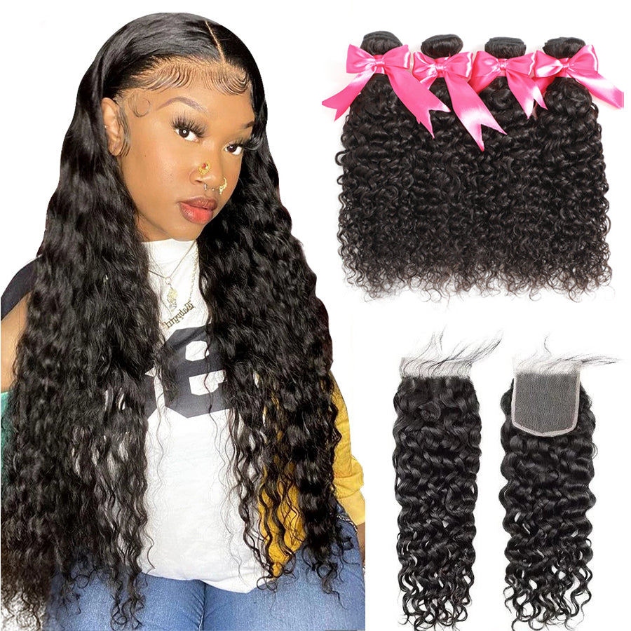 TT Hair Wet and Wavy Hair Transparent 4X4 Lace Closure With 4 Bundles Brazilian Hair Weave Bundles Water Wave