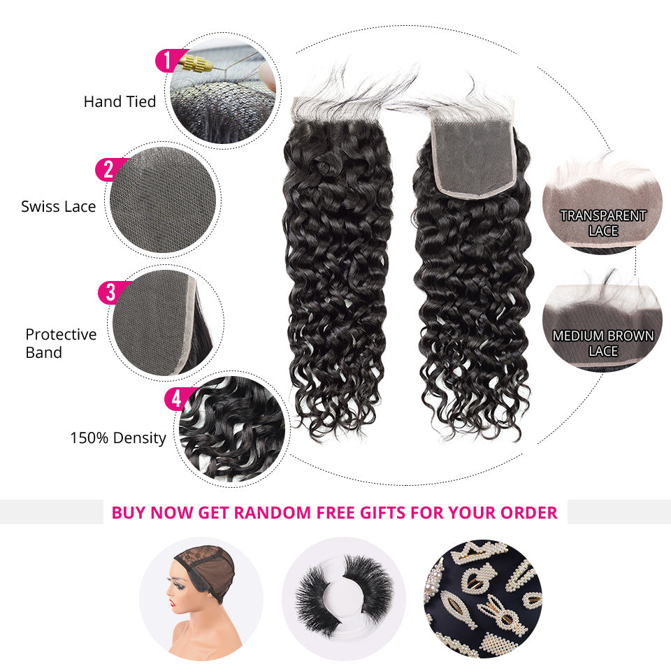 TT Hair Wet and Wavy Hair Transparent 4X4 Lace Closure With 4 Bundles Brazilian Hair Weave Bundles Water Wave