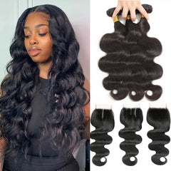 TT Hair Body Wave Hair Bundles With Closure Remy Human Hair Weave 3 Bundles With 4x4 Lace Closure